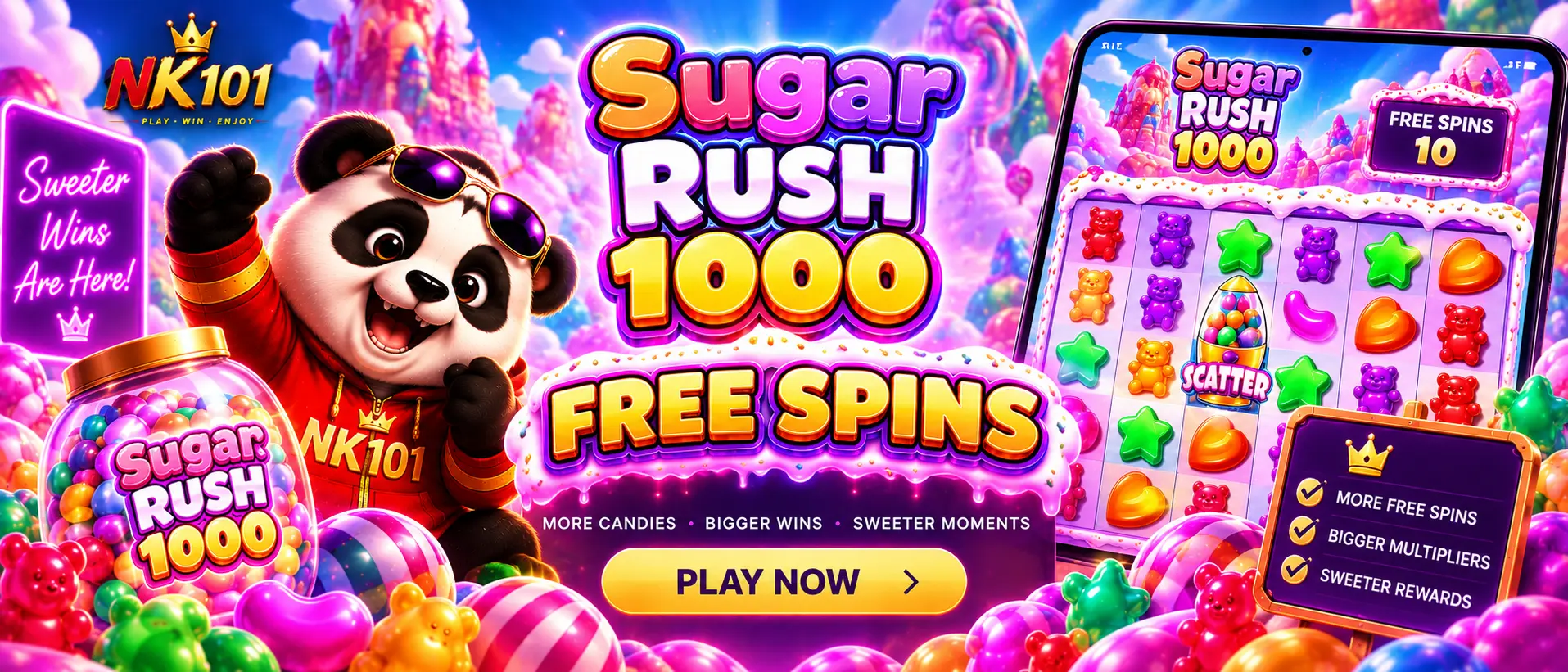 स्टिकी मल्टिप्लायर स्पट भएको Sugar Rush 1000 फ्री स्पिन
